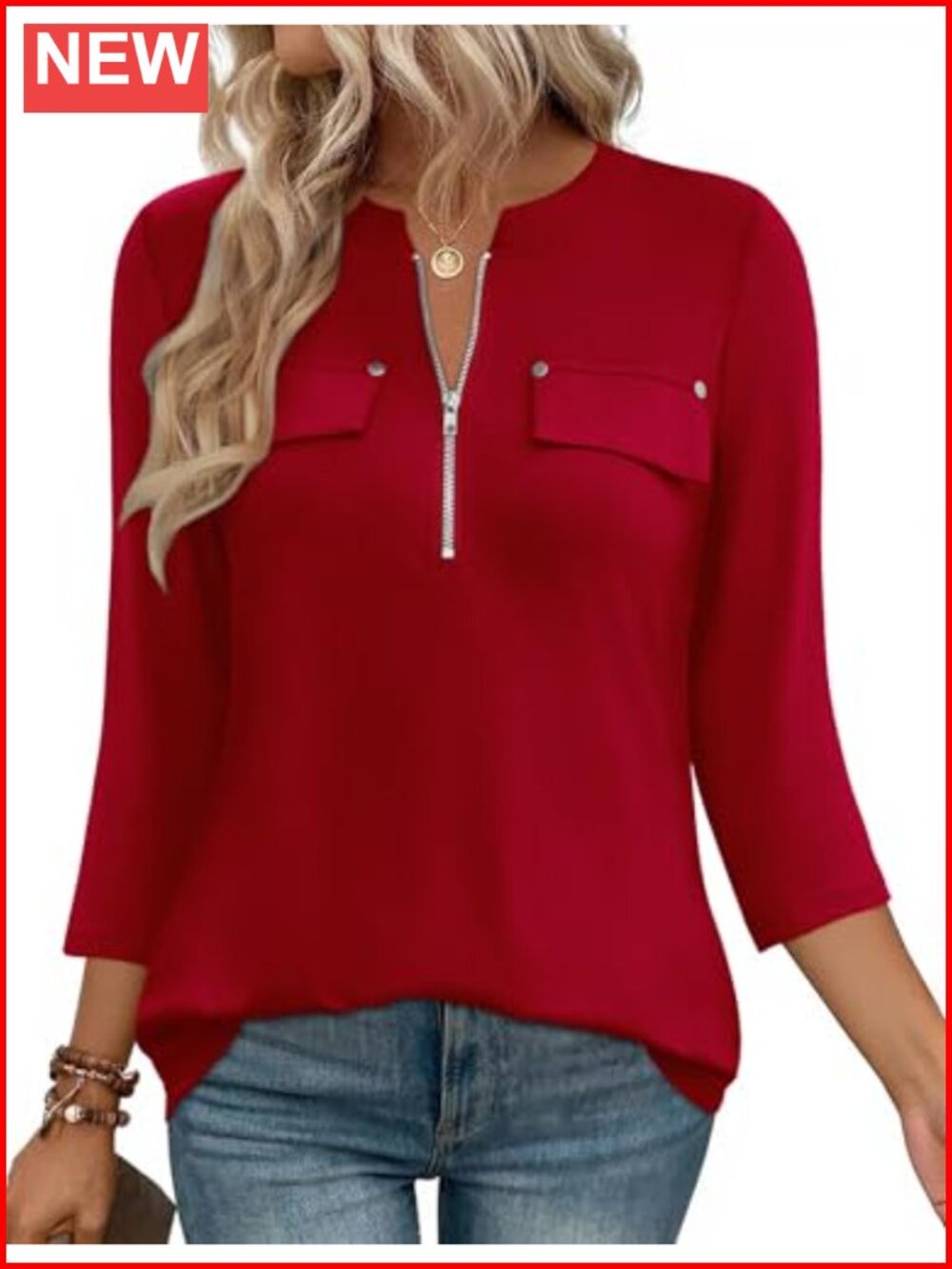 3/4 Sleeve Zip Front V Neck Tunic Top Business Casual Loose Fit Blouse